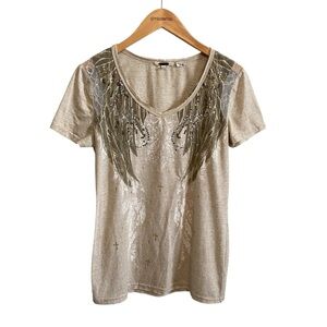 Miss Me Y2k Tan Bling V Neck Lace Wings Grunge Short Sleeve Baby Tee Size Large